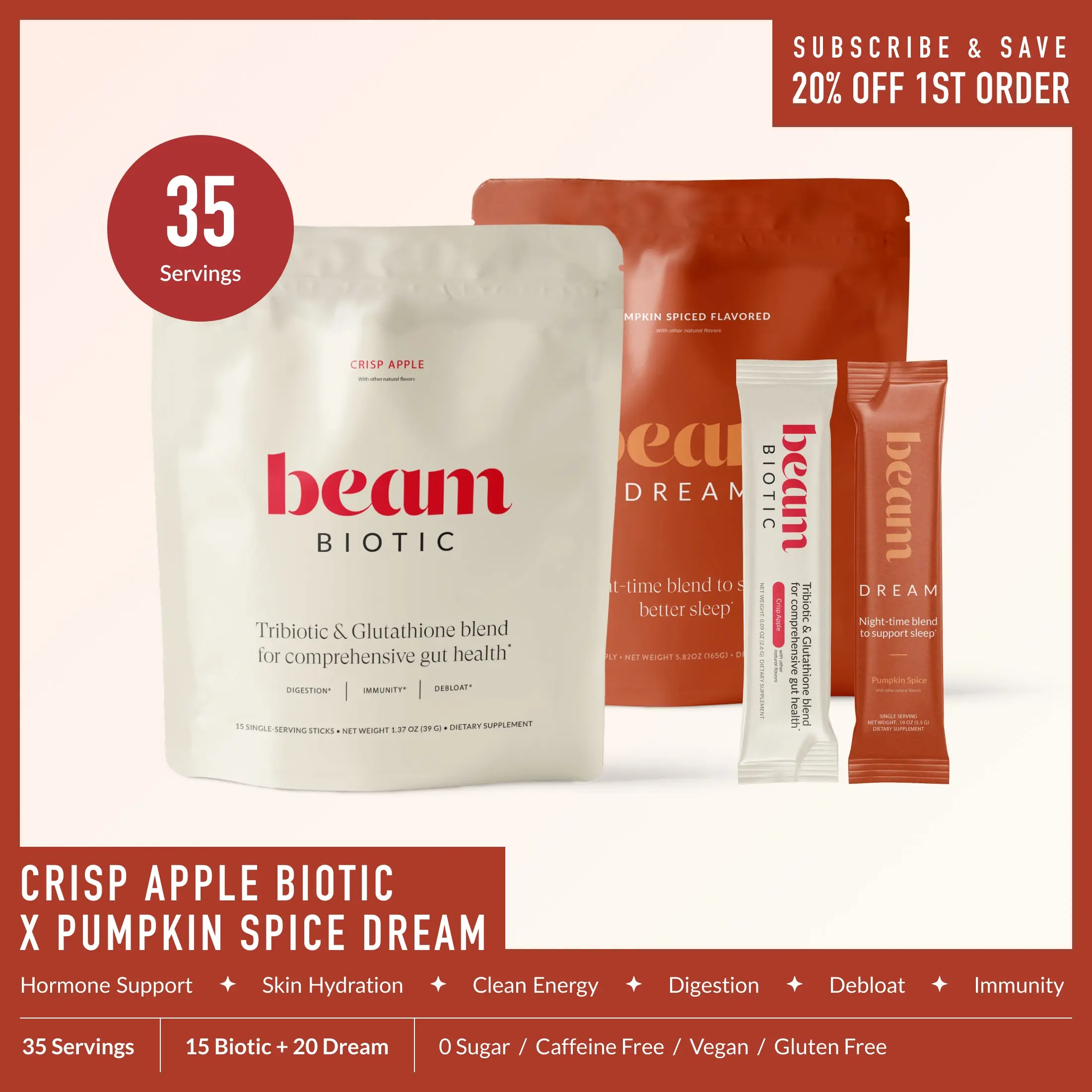 Beam Fall Wellness Duo – Dream Pumpkin Spice + Biotic Crisp Apple, Sleep & Gut Health Support, 35 Servings