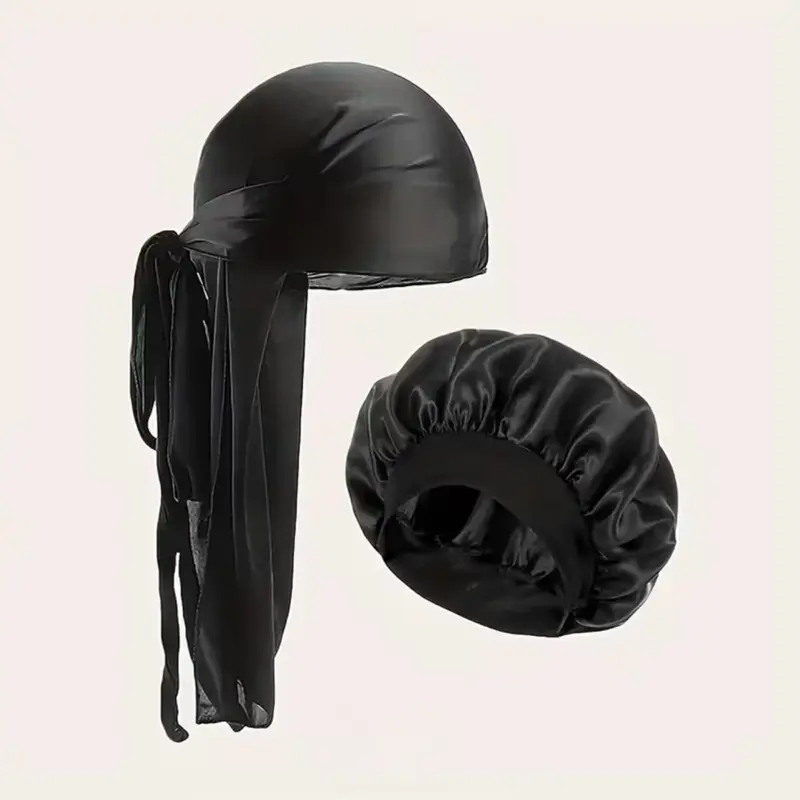Satin Bonnet Set for Couples - Matching Durag & Bonnets for Curly Hair Braids - Mens & Women - Soft & Smooth Material