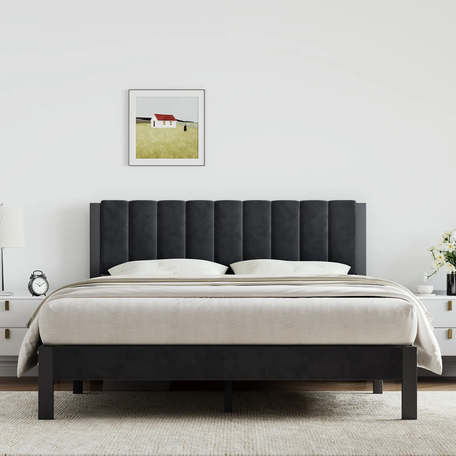 Novilla Bed Frame with Piano Keys Headboard and Footboard, Metal Platform Bed Frames Twin/Full/Queen/King Size, No Box Spring Needed, Easy Assembly, Steel Slats Support,Holiday Haul