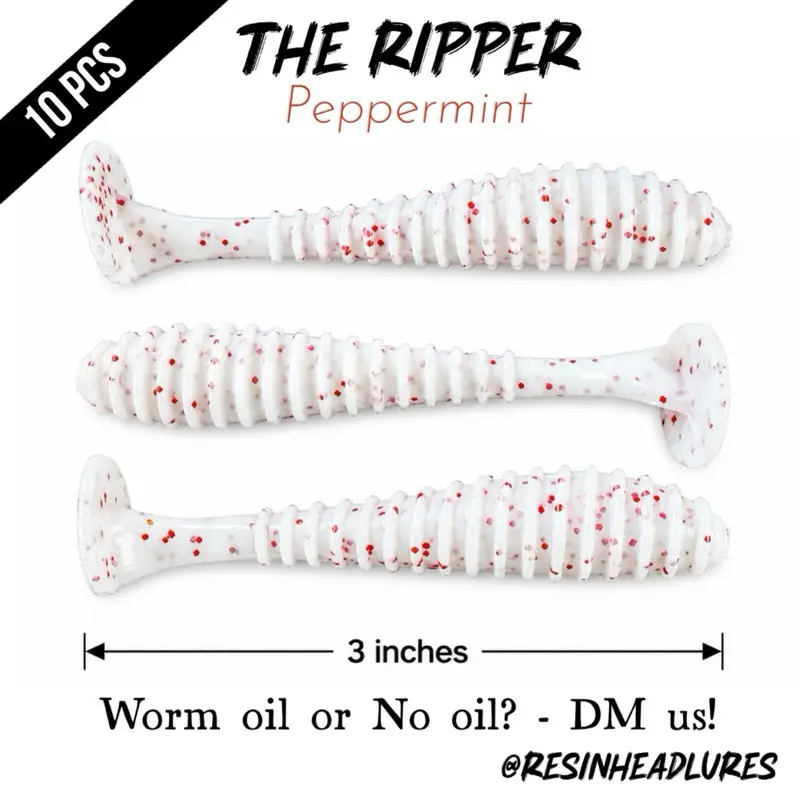 (10PCS) Freshwater (3”) The Ripper Lifelike Soft Plastic Fishing Lures – Handmade and Hand-injected Fishing Lures. Color: Peppermint