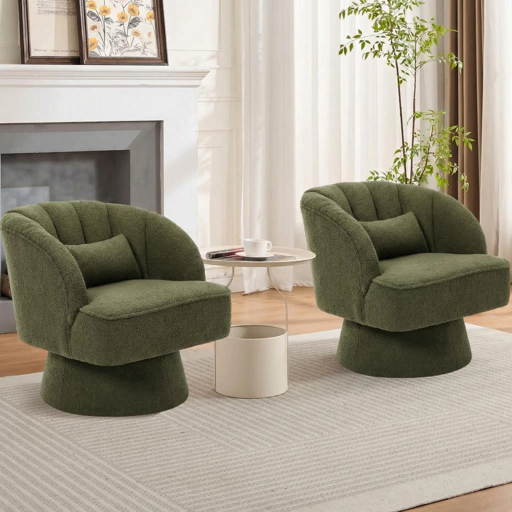 Garvee 360° Swivel Velvet Lounge Chair with Comfortable Padded Barrel Design and Tapered Base, Ideal for Living Room, Bedroom, Office, or Reading Nook, Dimensions 70 x 70 x 70 cm, Available in Green with Striped Backrest