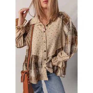 Oatmeal Boho Floral Plaid Patchwork Distressed Detail Ruffled Sleeve Waffle Knit Shacket basic sweatshirt fashionable blouse