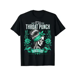 Black Edgy Skeleton Floral Roses Graphic T-Shirt for Men - "A Day for Throat Punches" Tee, Teal Highlights, Regular Fit Short Sleeve Crew Neck, Casual Summer Top for Everyday Laid-Back Wear, Machine Washable