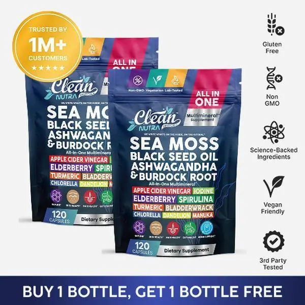 Clean Nutra BOGO | Sea Moss Black Seed Oil, Ashwagandha, Burdock Root, Kelp, Bladderwrack & Elderberry Multimineral Support Capsules – Multimineral