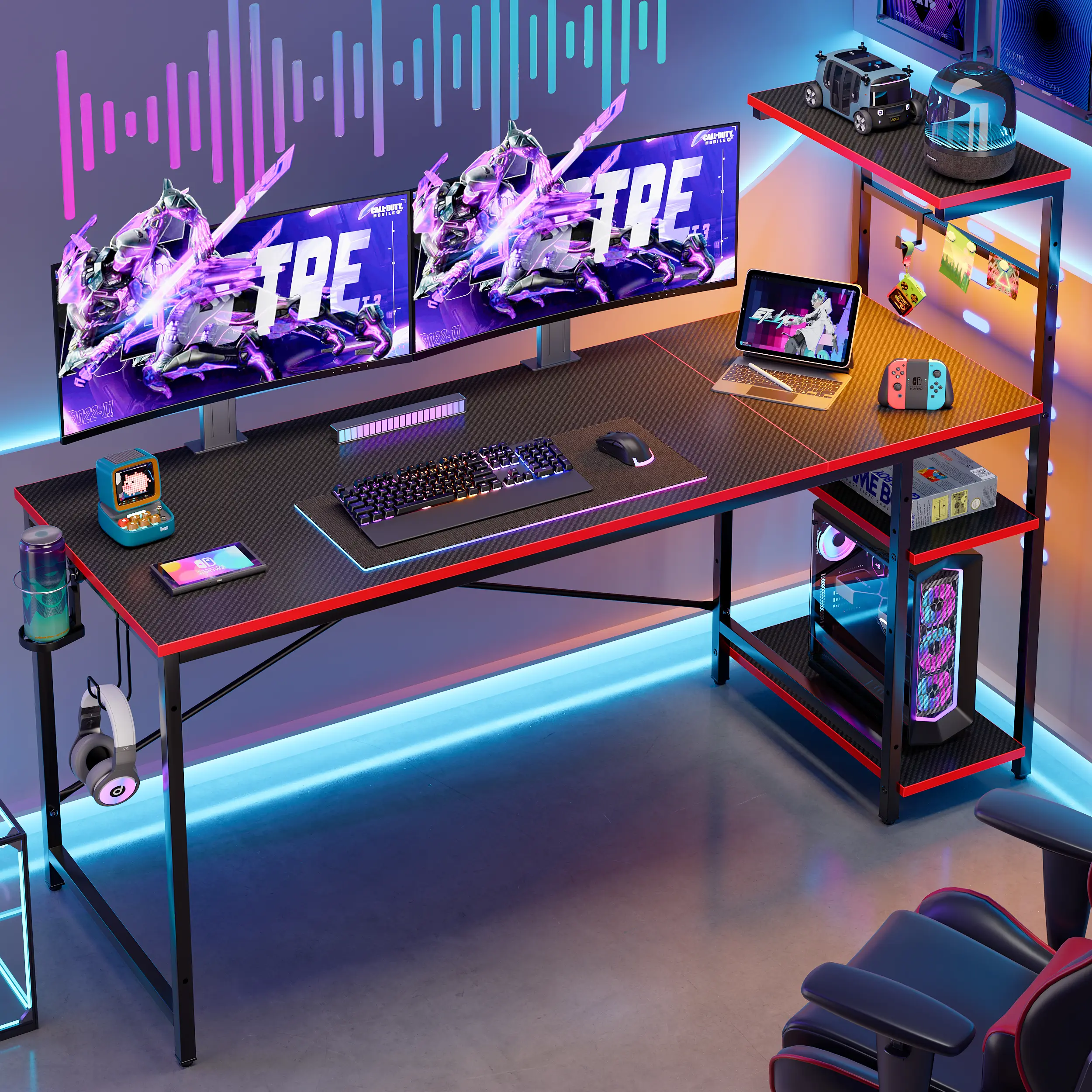 Gaming Desk with RGB LED Lighting and 4-Tier Reversible Storage Shelves