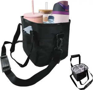 4 Water Bottle Holder with Strap | Family Size 4 Compartment Drink Bag, Multiple Tumbler Carrier Caddy | Adjustable Fits Large & Small Drinks | Hands Free, Won't Tip Over in Car