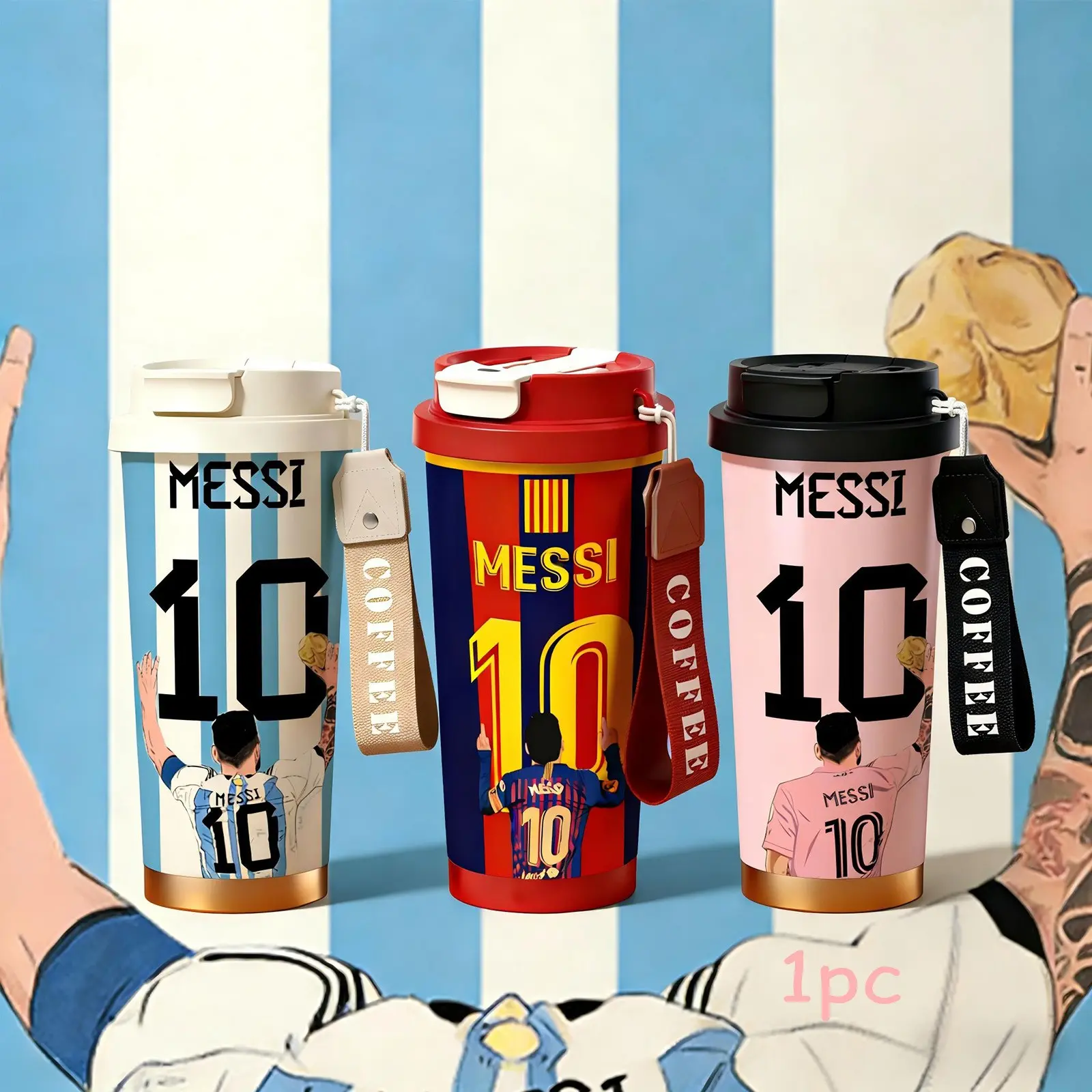 Auracup 18 oz Soccer Vacuum Tumbler, Messi 10 Design Double-Wall Stainless Steel Insulated Mug with Lid and Strap, Leak-Proof Portable Thermal Cup for Hot and Cold Drinks, Football Fan Coffee Travel Mug, Tumbler Gift