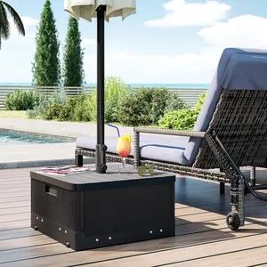 2-in-1 Outdoor Umbrella Base, Planter Box with Drain Hole, 175 lbs. Capacity Heavy Duty Fillable Patio Umbrella Stand Table with Wheels and Handles for Deck, Poolside, Black