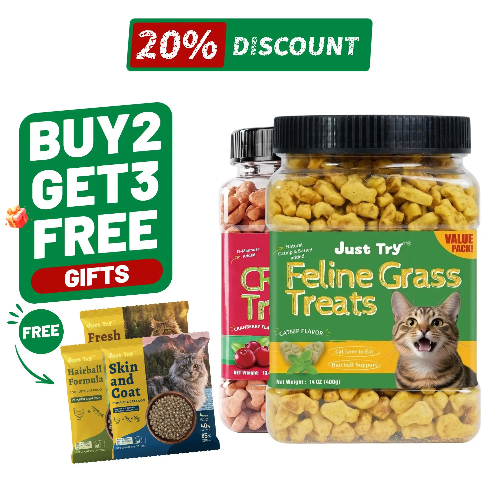 Just Try Cat Treats for Indoor Cats Hairball Control Natural Salmon Healthy Cat Grass Treats Kitten Snacks Training Biscuits Catnip for Cats Dental Care 14.1 OZ