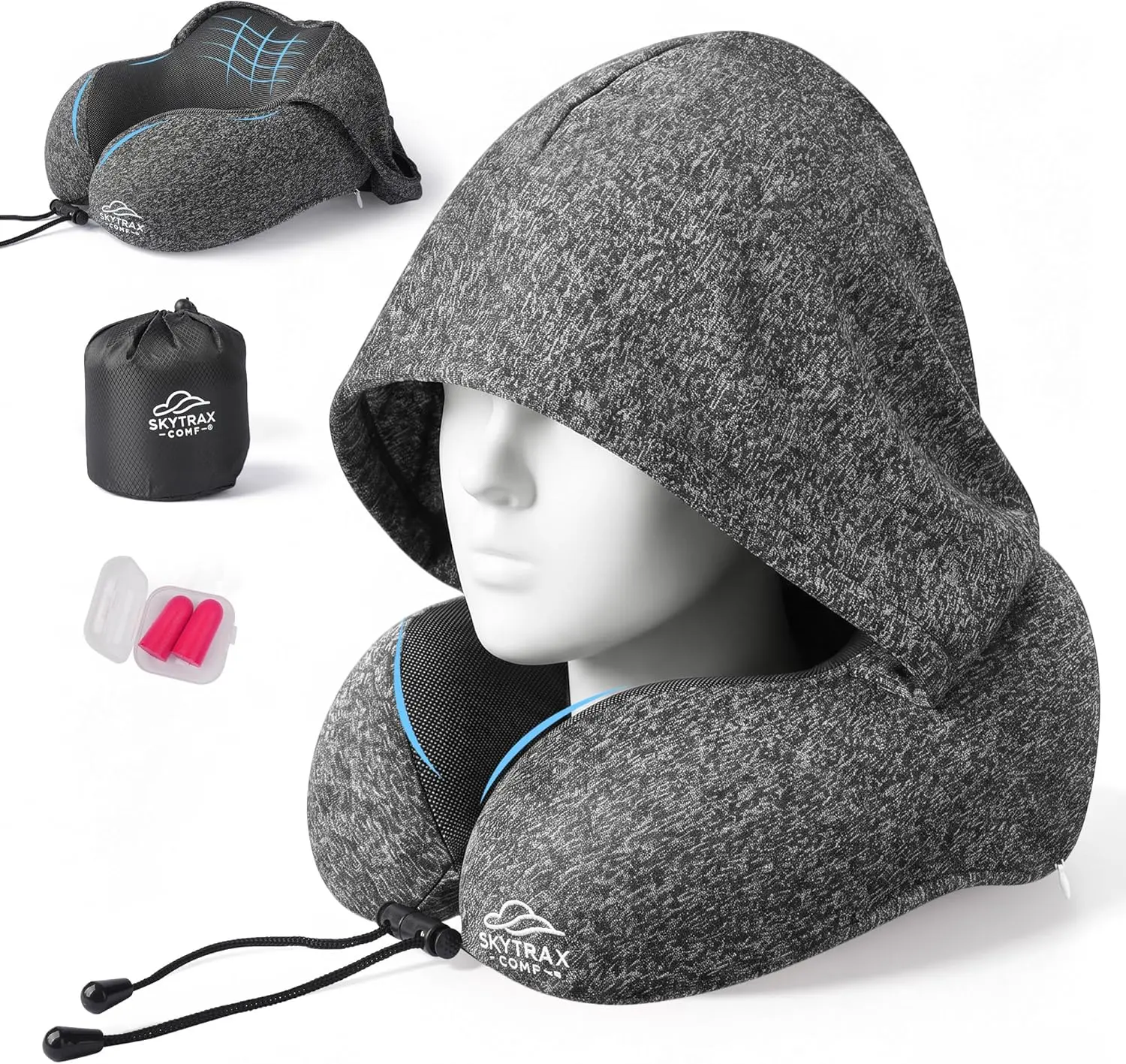 SkytraxComf Travel Neck Pillow with Hood for Privacy on Long Flights | Memory Foam | Airplane Sleep | Safety-Tested Materials | Extra Large Hood | Chin Support | Earplugs | Washable Cover