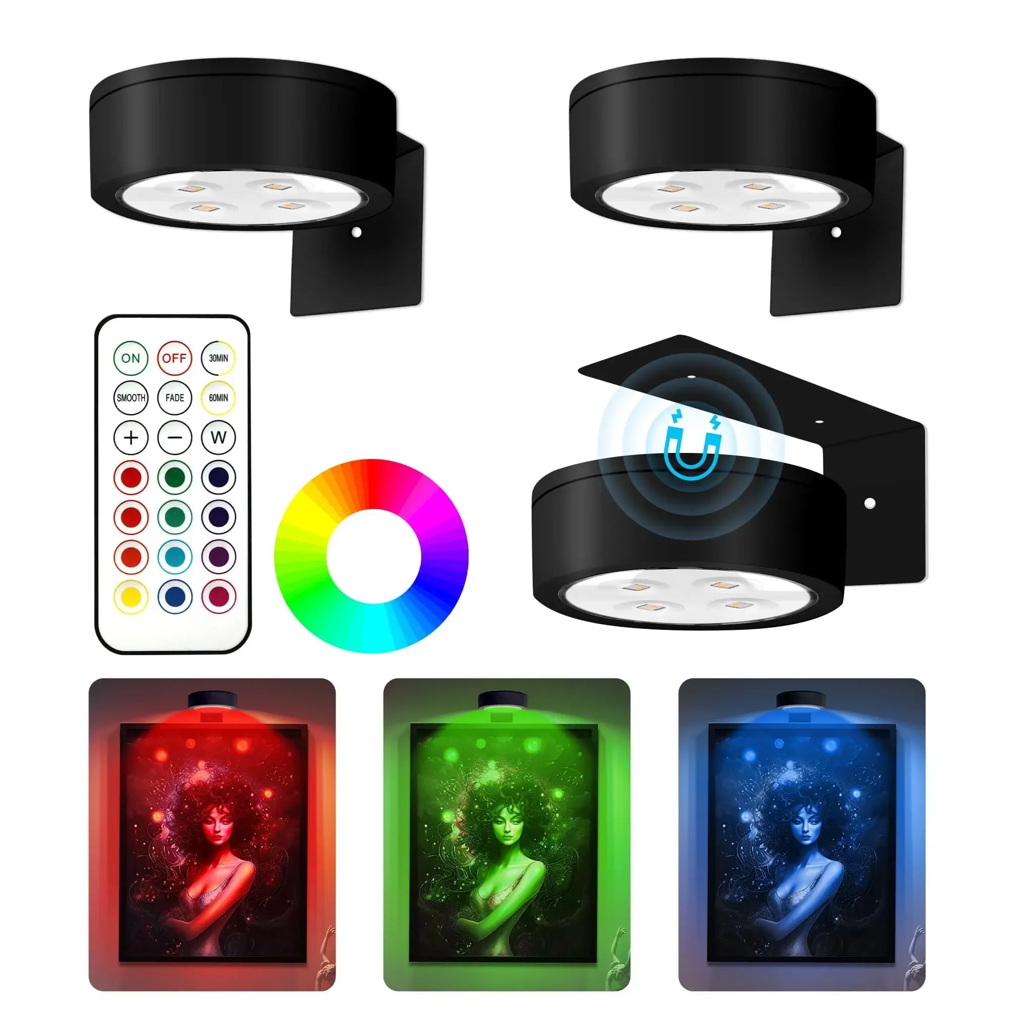 3-Piece Magnetic LED Art Display Puck Lights - 13 RGB Adjustable Dimmable Modes, Wireless with Remote Control, LED Lights Bedroom, Bedroom Decor, Aesthetic Room Decor for Photo Frames, Wall Art, Light Dimmable, Operated Picture Light