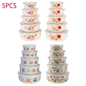 5pc Multicolor Enamel Sealed Container Set, BPA-Free Round Lid, Dishwasher Safe, Food Storage Bowls for Fruits Vegetables, School Camping Office