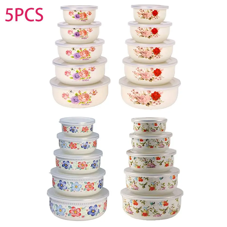 5pc Multicolor Enamel Sealed Container Set, BPA-Free Round Lid, Dishwasher Safe, Food Storage Bowls for Fruits Vegetables, Produce Containers, School Camping Office, Food Sealing Containers
