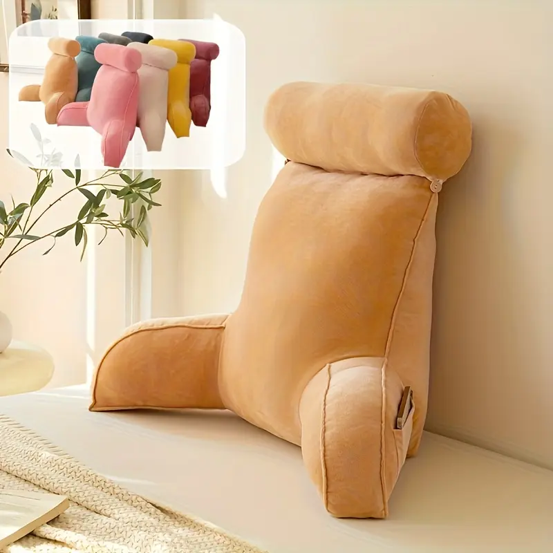 Reading Pillow for Sitting Up in Bed, Backrest Pillow with Arms, Side Pocket & Washable Cover, Back Support for Adults