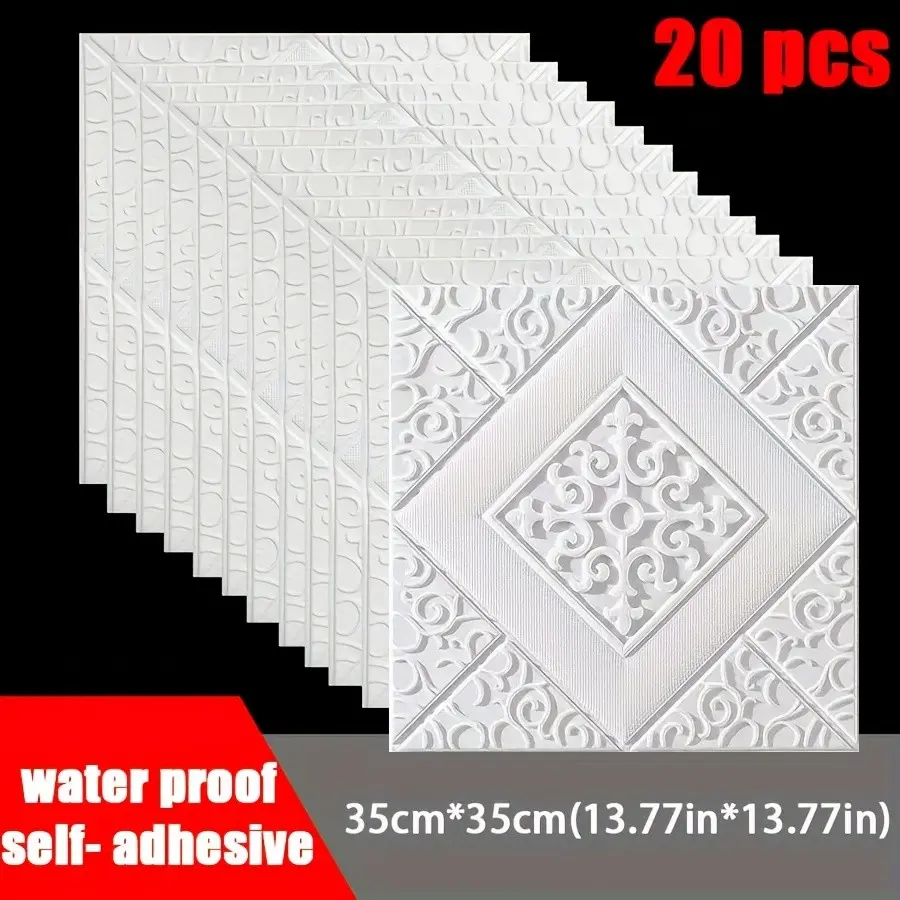 20pcs 3D Ceiling Wallpaper, Self-Adhesive Wall Decor, Waterproof Foam Stickers, Bedroom Wall Art, 35x35cm, 3mm Thick