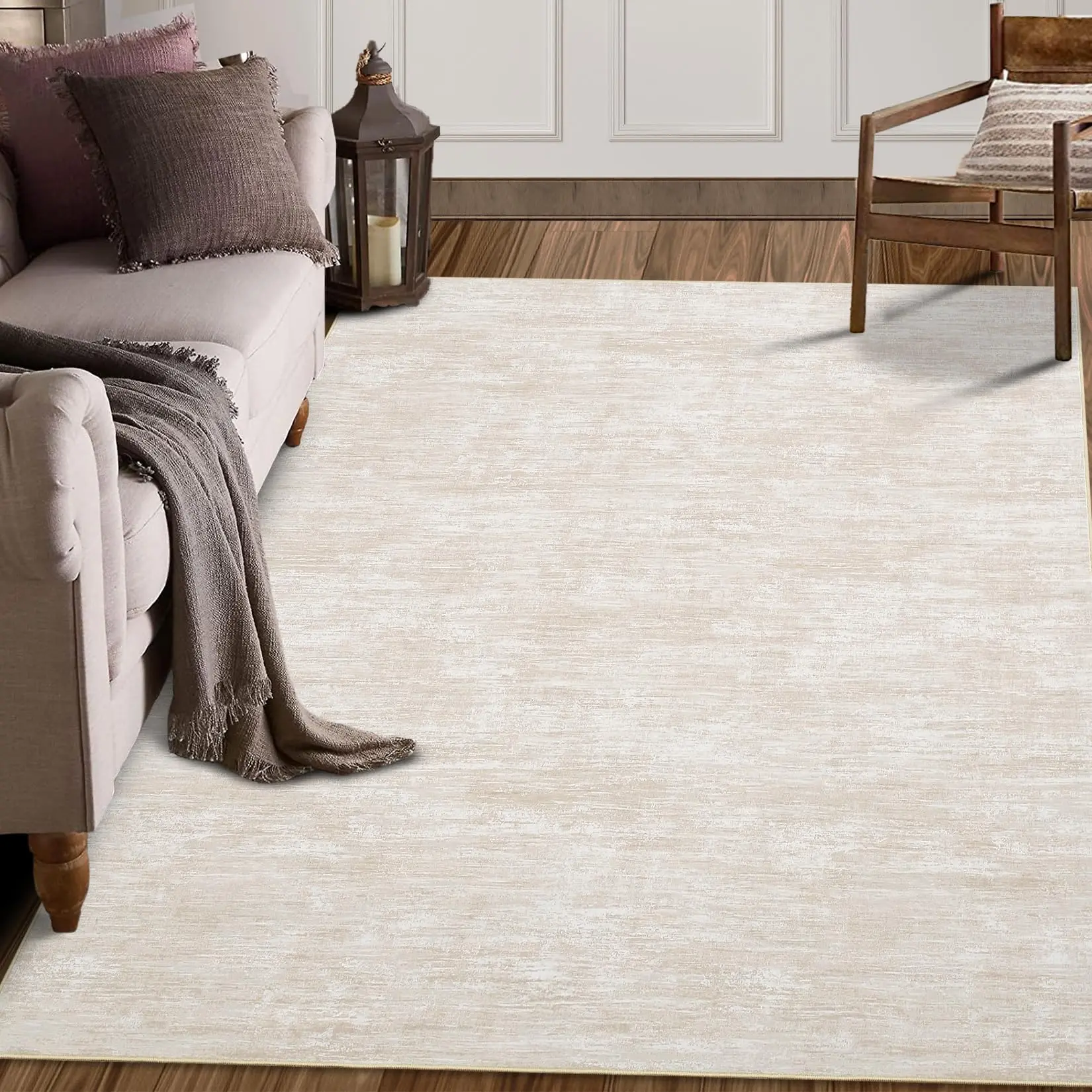 Garvee Solid Area Rug 5x7 for Living Room, Machine Washable Bedroom Rug, Non Slip Large Dining Room Modern Throw Carpet, Low Pile Stain Resistant Contemporary Area Rug for Office, Beige