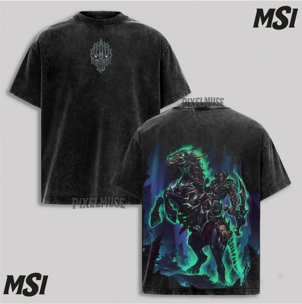 [KaiXStore] World of Warcraft Death Knight T-shirt: Oversized Washed Graphic Tee, Heavyweight Cotton Gaming Streetwear.