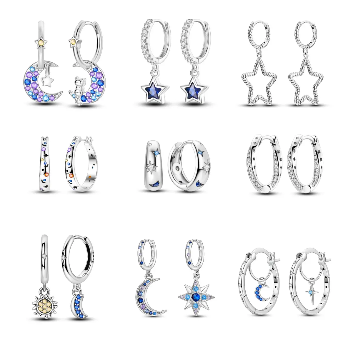 MULA Women's Celestial Earrings, Silver-Plated Star and Moon Hoops, Dangle Drops, and Sun Studs with Sparkling Zirconia for Everyday Wear, Star And Moon Earrings, Earring Stack