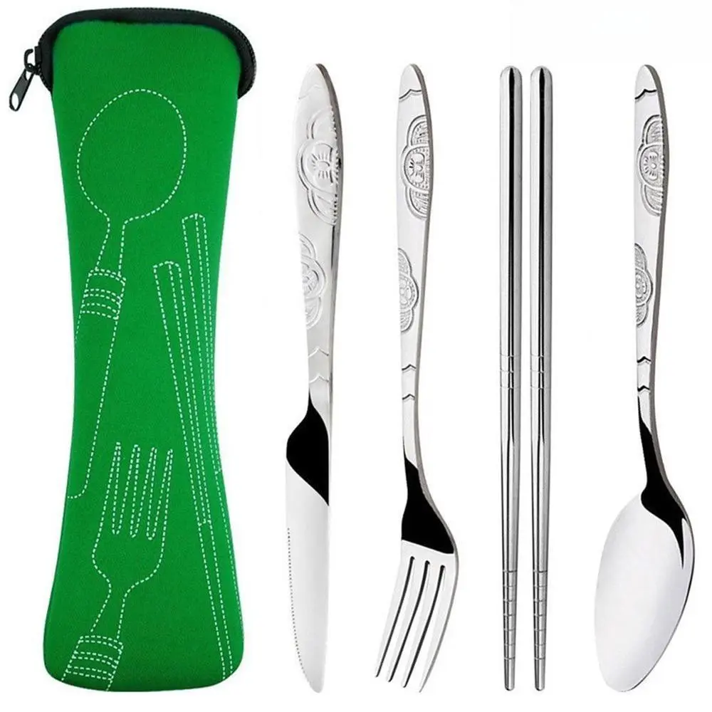 Stainless Steel, Durable Cutlery Set, Includes Spoon, Fork, Knife, Chopsticks and Storage Bag, Portable Tableware Set for Home Kitchen, Dining Room, Outdoor Camping Supplies, Camping Kitchenware, Camping Accessory, Travel Accessories