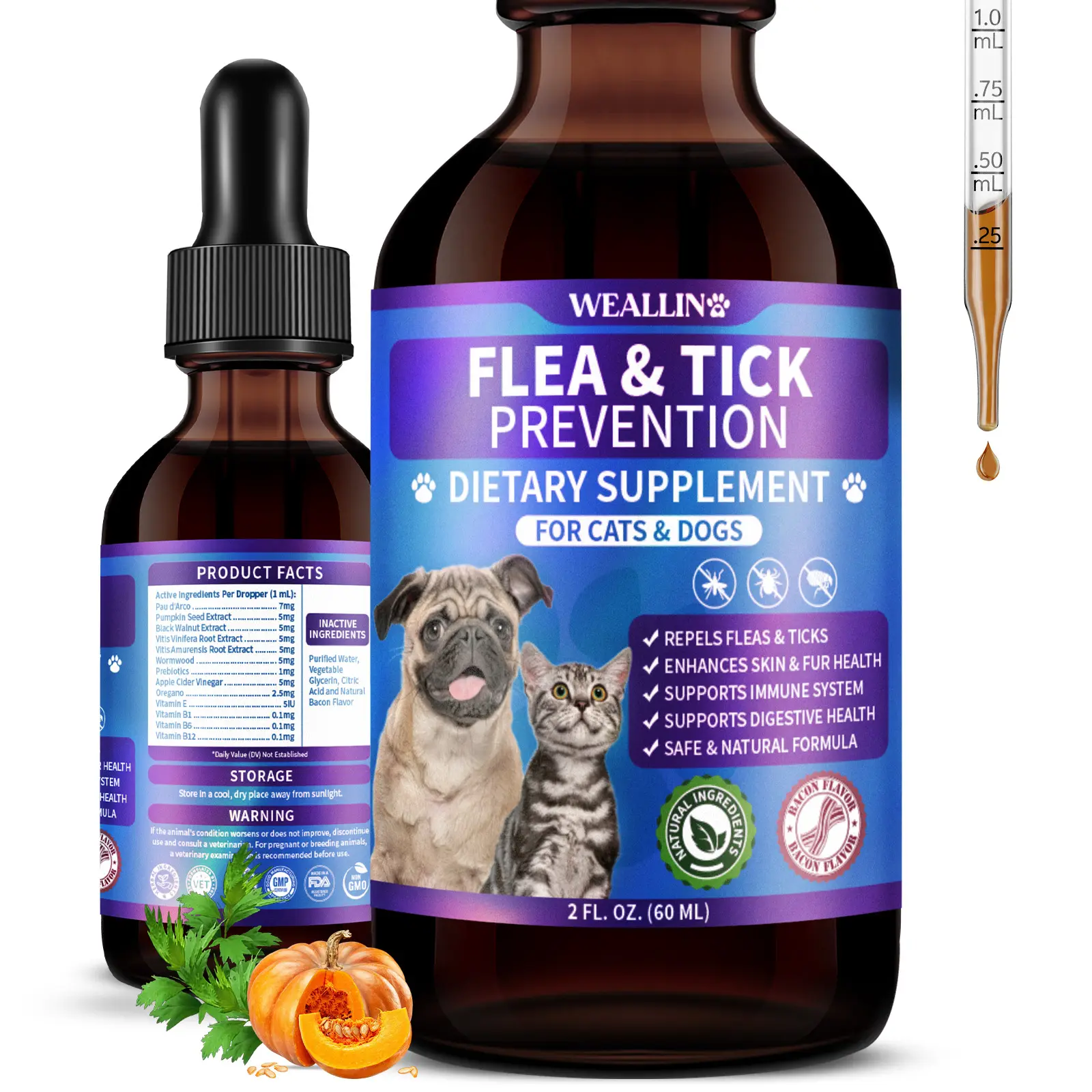 WEALLIN Flea & Tick Support Drops for Dog & Cat Plant-Based Formula - is Bacon Flavor - For All Breeds & Ages - Rich in probiotics and vitamins - Promotes a shiny coat and soothes itching,tiktokshopbacktoschool human