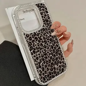 Leopard Print Diamond-Accent Dazzling TPU Smartphone Case for iPhone 11-17 - Transparent Shockproof Cover, Protective Casing with Impact Resistance, Daily-Use Mobile Phone Accessory for Enhanced Protection