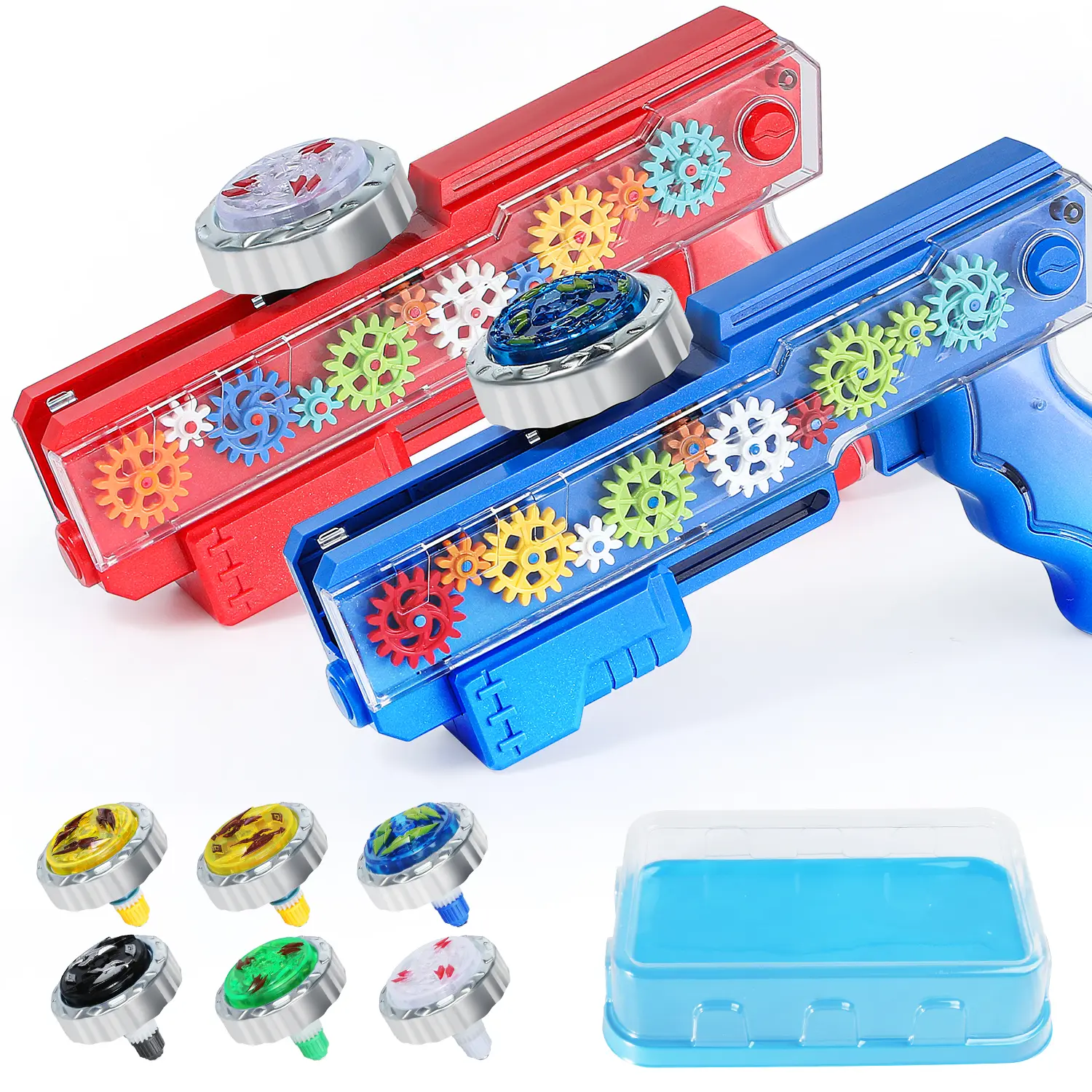 Kids Interactive Gyro Gun Toy Set with Light-Up Gear Spinning Top Launcher Battle Guns 6 Gyros Storage Case for Imaginative Play