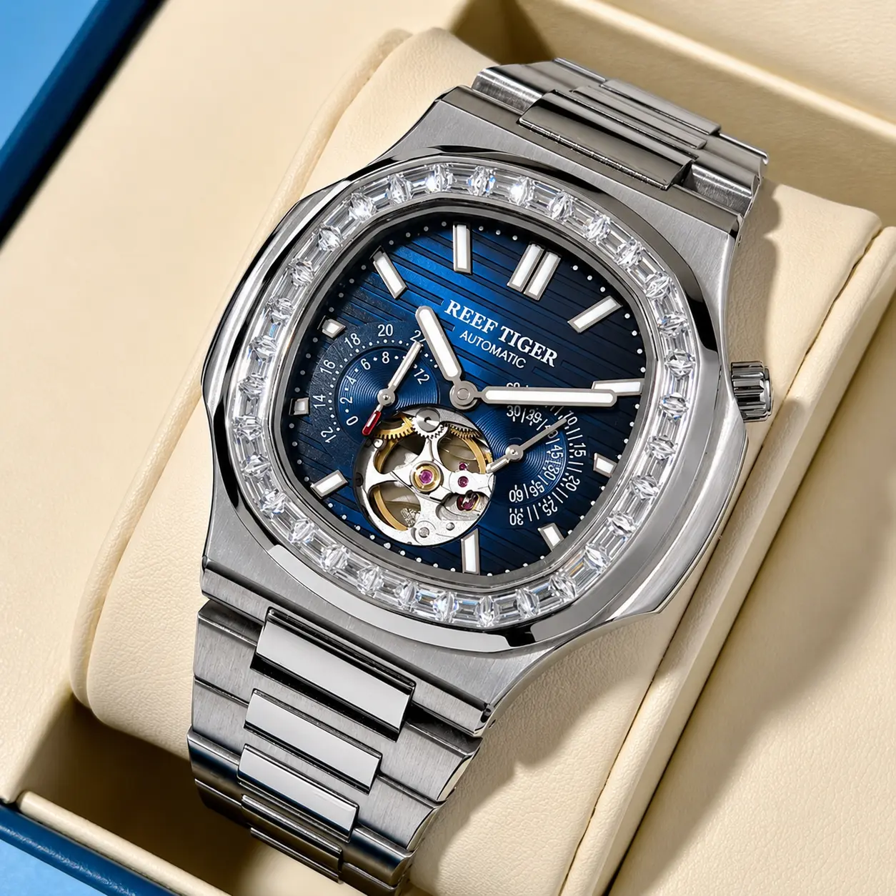 REEF TIGER Men's 44mm Diamond Bezel Automatic Watch in Rose Gold Stainless Steel with Luminous Analog Display and Sapphire Crystal, Automatic Watches, Diamond Wrist Watch