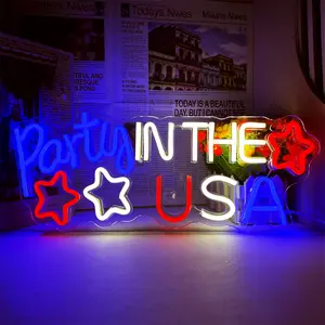 Party in the USA Neon Sign, Patriotic Neon Sign for Wall Decoration Memorial Day LED Sign, 4th of July Decoration Glowing Sign Home Decor for Bar, Bedroom, Theme Party，LED Lights Bedroom