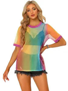 INSPIRE CHIC Mesh T-Shirt Cover Up Short Sleeve See Through Sheer Top Streetwear