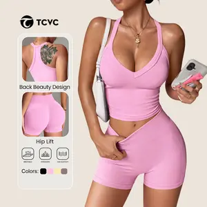 TCVC Women's Halter V-Neck Sports Two-Piece Set, High Elastic & Skin-Friendly, Butt Lifting & Body Shaping, Seamless Fit, Perfect For Yoga, Fitness, Daily Commute, Spring & Summer Fashion Sweatsuit Set Outfit Solid Color Sportswear