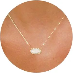 Gold Necklace for Women 14k Gold Plated Non Tarnish Dainty Gemstone Crystal Oval Pendant Necklace Rose Quartz Druzy Stone Choker Necklace Birthday Wedding Everday Jewelry Gifts for Mom