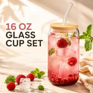Deals For You Mid Year Sale 16 oz Glass Iced Coffee Cup with Bamboo Lid and Glass Straw Can Shaped Drinking Glass for Smoothies Juice Matcha Tea and Cold Drinks Restock
