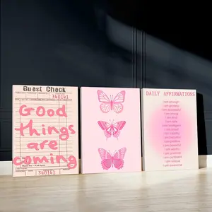 3pcs Positive Vibes Wall Art, Pink Butterflies Poster, Motivational Quotes Art Prints, Home Decor, Dopamine Decor, Modern Wall Paintings, Cozy Canvas Posters Wall Arts, Decor for Living Room, Restaurant, Kitchen, Bedroom, Housewarming Gift, With Frame