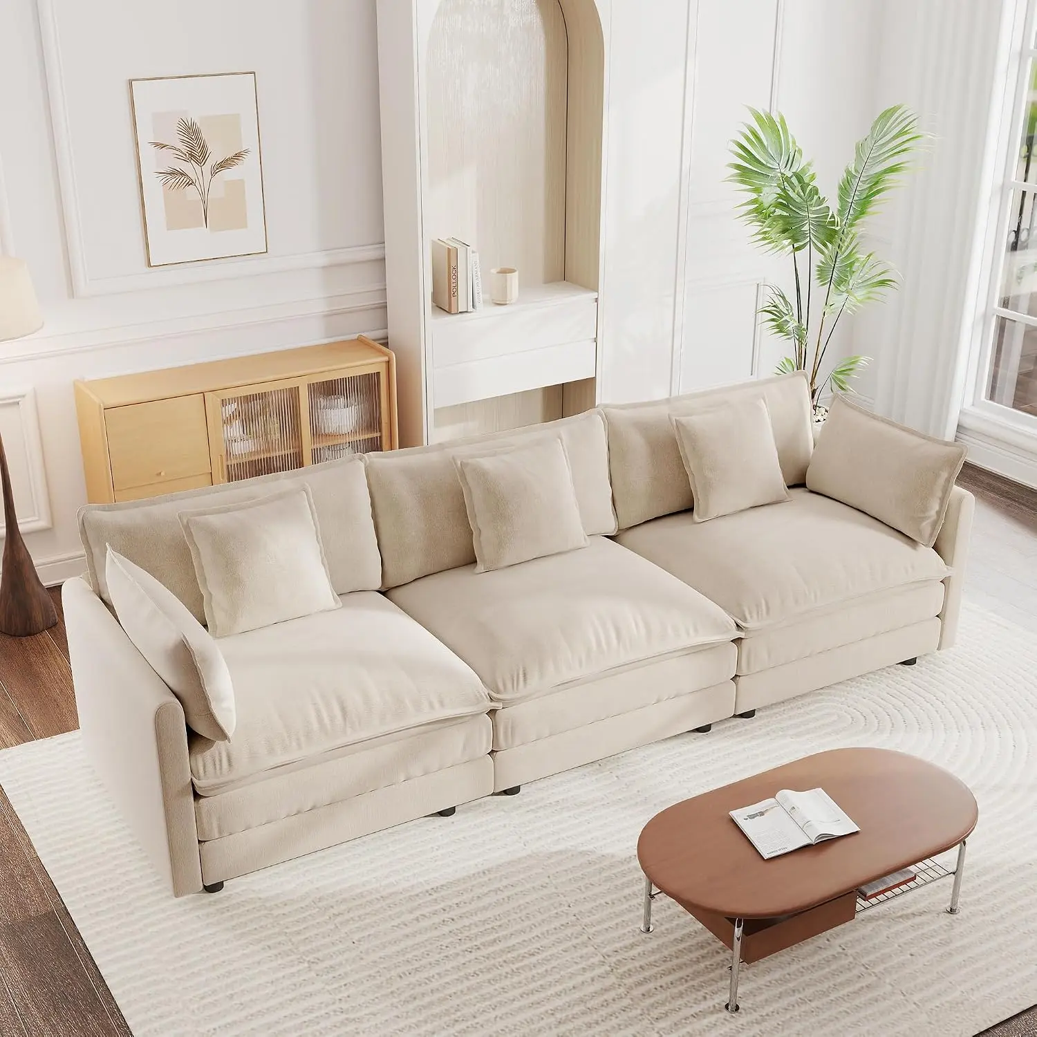Luxury Modular Sectional Sofa, 111.5" Modern Chenille Comfy Cloud Couches for Living Room Office, 3 Seater Deep Sofa with 2 Armrest Pillows and 3 Toss Pillows, Light Coffee