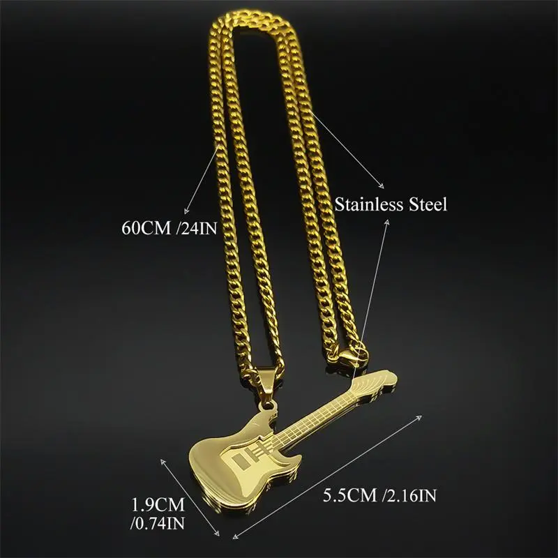 Hip Hop Bass Musical Instrument Pendant Necklace for Women Men Stainless Steel Gold Color Rock Music Chain Jewelry N3241S06