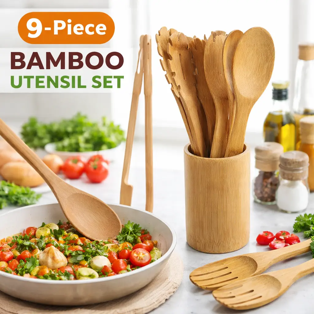 8-Piece Bamboo Cooking Utensils Set (7 Spoons, 1 Tong, 1 Bamboo Canister) - Nonstick-Safe, Eco-Friendly Natural Kitchen Tools Including Fork, Strainer, Spatula