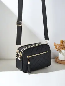 Fashion Diamond Stitched Solid Color Square Bag with Fringe Zipper Crossbody Bag, Adjustable Shoulder Strap, Stylish and Versatile, Handbag Shoulder Bag, Handbag Shoulder Purse, Crossbody Shoulder Purses