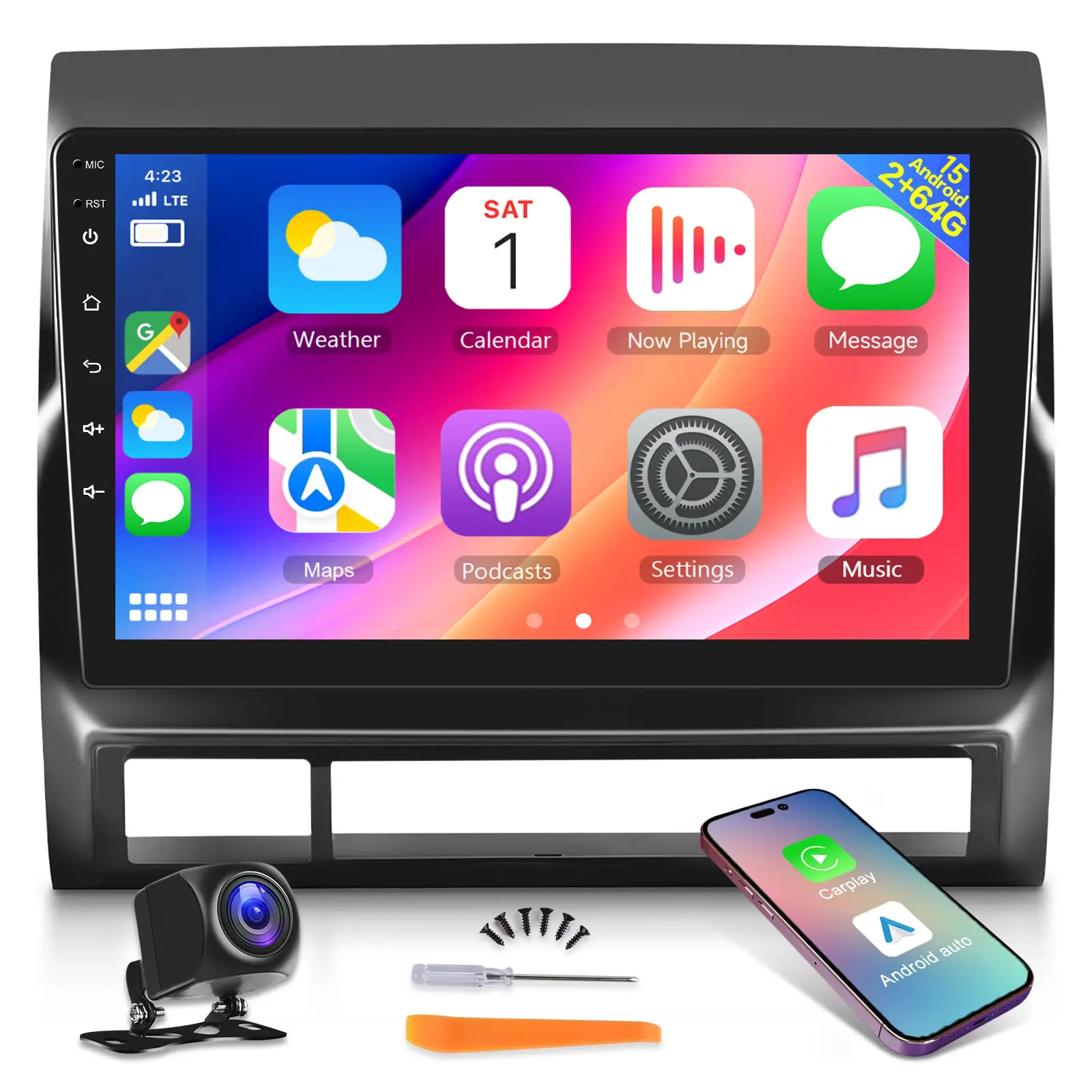 SummerVibes 10.1" 2G+64G Android 15 Tempered Glass Wireless CarPlay Screen for 2005-2013 Tacoma, Touchscreen Car Radio, Android Auto, WiFi, Bluetooth Hands-Free Calling, GPS Navigation, AHD Reversing Assistance Camera, Plug & Play Auto Part Accessory