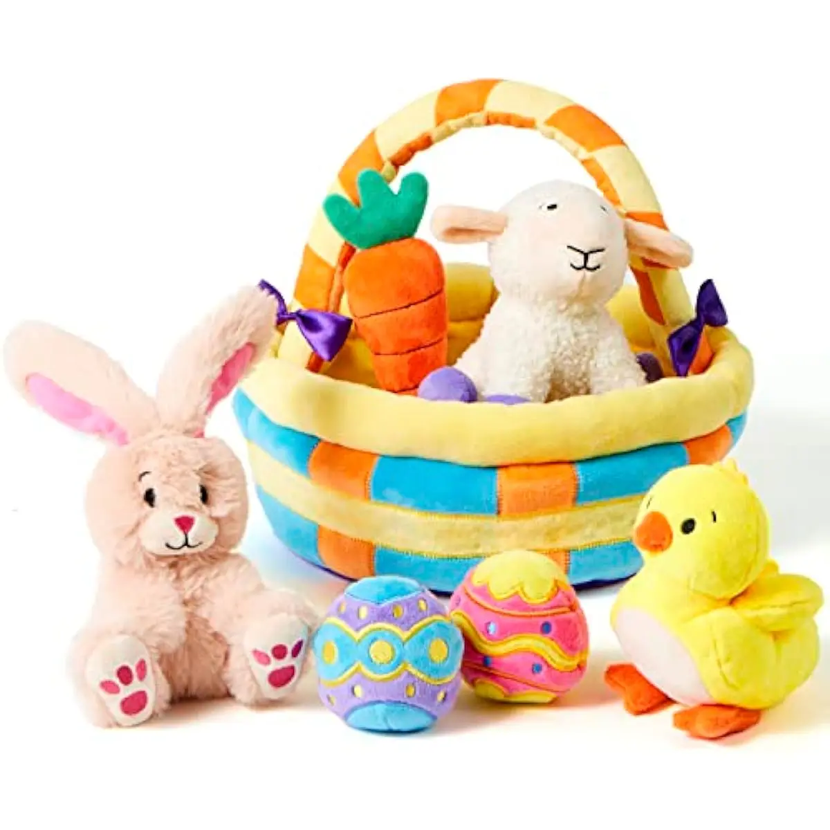 7 PCS Easter Basket Plush Playset Stuffers with Lamb Bunny Chick Carrot Egg Toys, Easter Party Favors Decorations Gifts Supplies for Baby Girls Boys Toddler Kids of All Ages