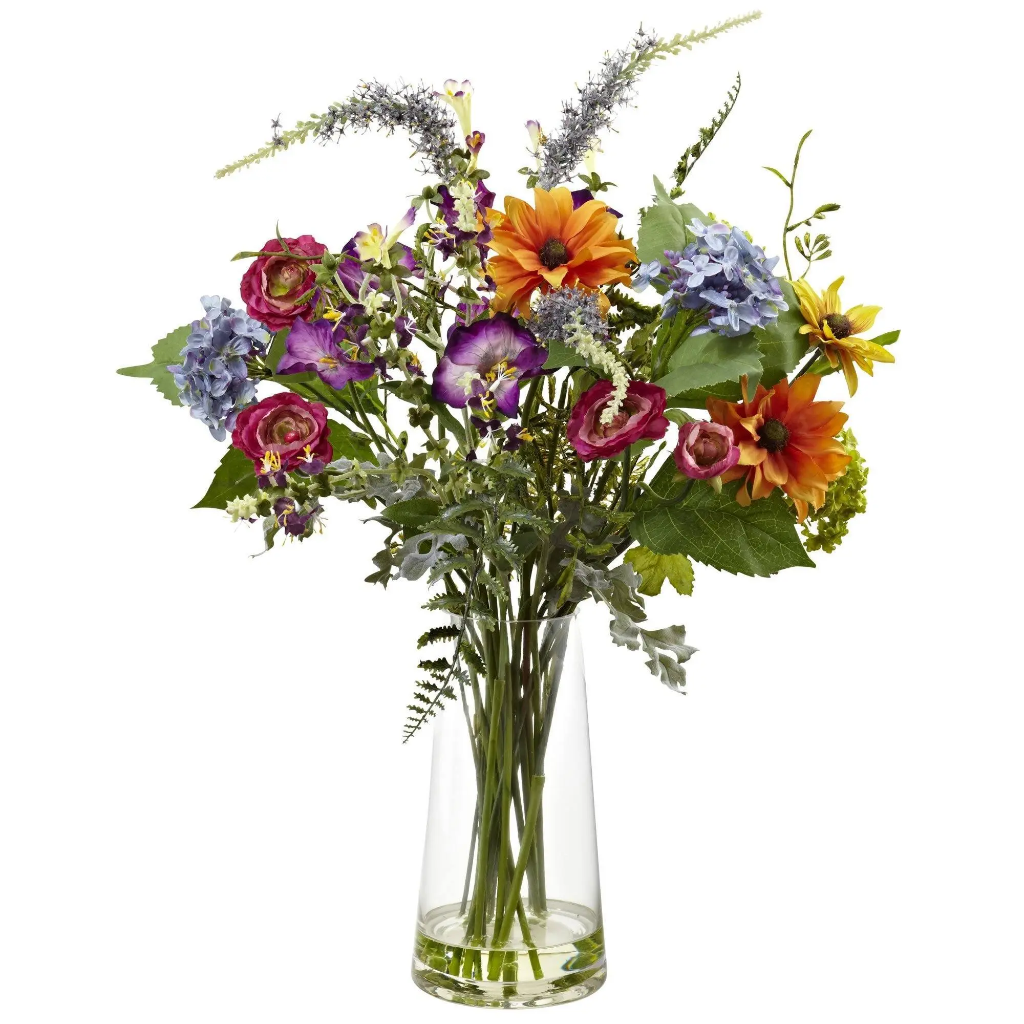 Colorful Classic Glass Vase with Artificial Mixed Flower Bright Assembly, 24in Floral Decor Home Accent, Spring Garden Themed Home Supplies Decorative Piece