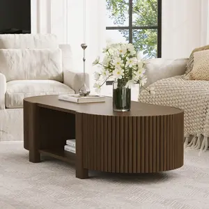 47" Oval Fluted Coffee Table with Storage, Modern Rubber Solid Wood Drum Center Table with 1 Shelf & 2 Open Storage Doors, Accent Side Tea Table for Living Room Apartment (Walnut)
