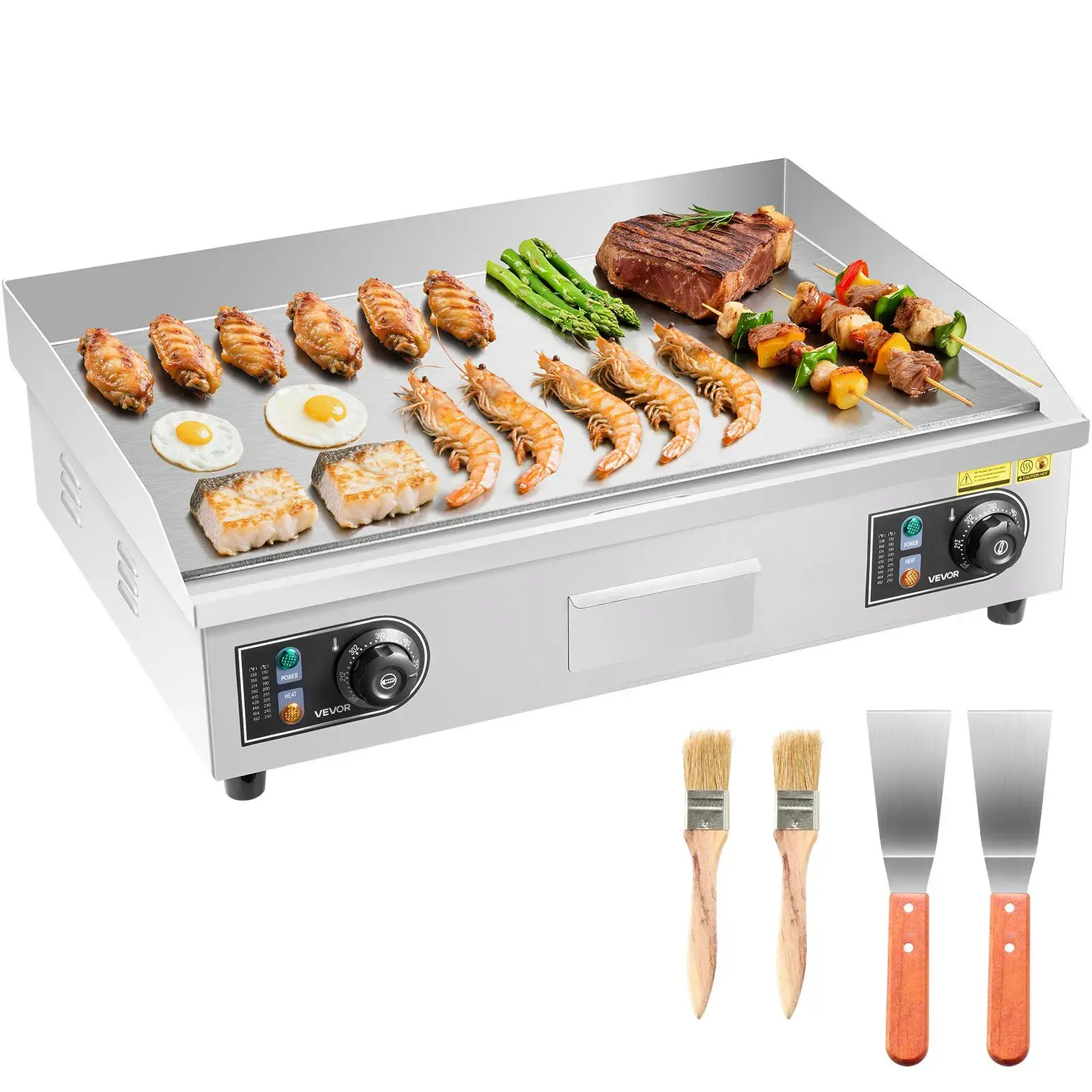 【Summerfinds】VEVOR Commercial Electric Griddle,25.79 x 15.75 inch2800W122-570°F Adjustable Temp ControlStainless Steel BodyFull Flatwith 2 Spatulas2 Brushesand 4 Foot Padsfor SteakPancake