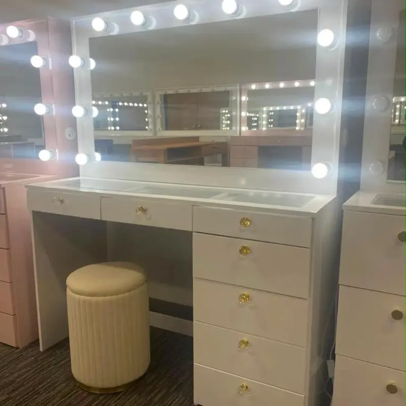 Lighted Vanity Table with Glass Top | White Elegance & 7 Drawers