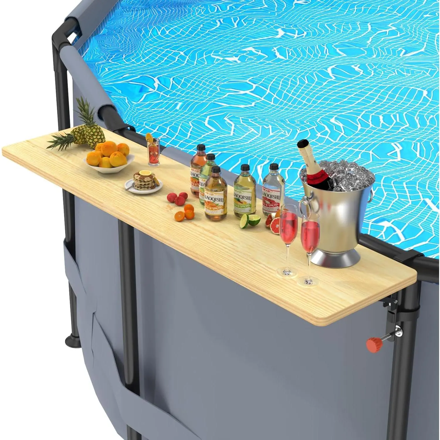 Heavy-Duty Solid Pine Wood Pool Bar - Weather Resistant Outside Poolside Table, High-Strength Carbon Steel Outdoor Patio Furniture for 37in or Less Top Rail Pools, Balcony Use, Easy-to-Install Accessory, Weather Resistant Table, Outside Table