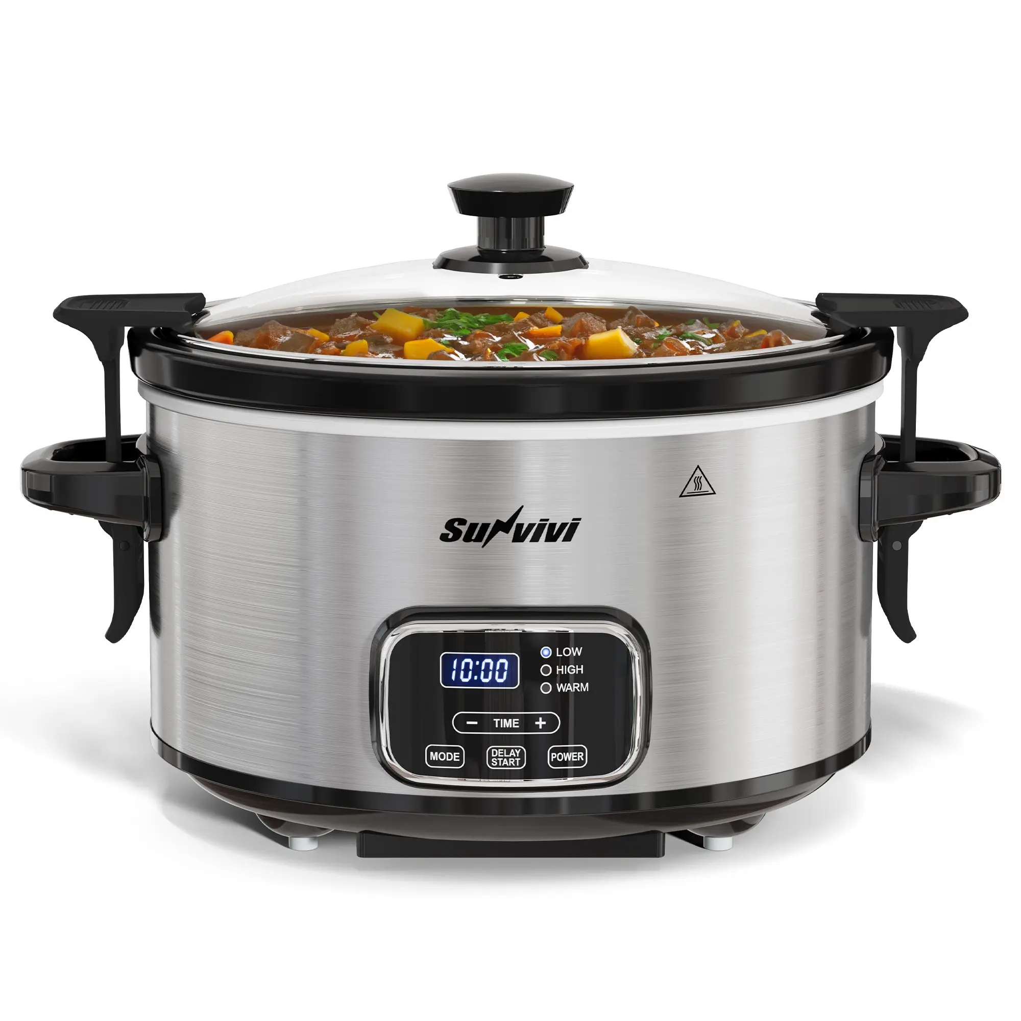 Sunvivi 4QT Programmable Slow Cooker with Locking Lid, Removable Ceramic Pot, 3 Heating Settings & Timer, Dishwasher-Safe, Stainless Steel
