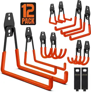 12 Pack Garage Storage Hooks, Heavy Duty Wall Mount Tool Hangers with Extension Cord Straps for Ladder Bike Lawn Garden Tools Organization