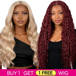 Buy 1 Get 1 Free Blended Human Hair Lace Front Wig – 180% Density, Transparent Lace, Limited Time For #27 Body Wave & 99J Ocean Wave Wigs