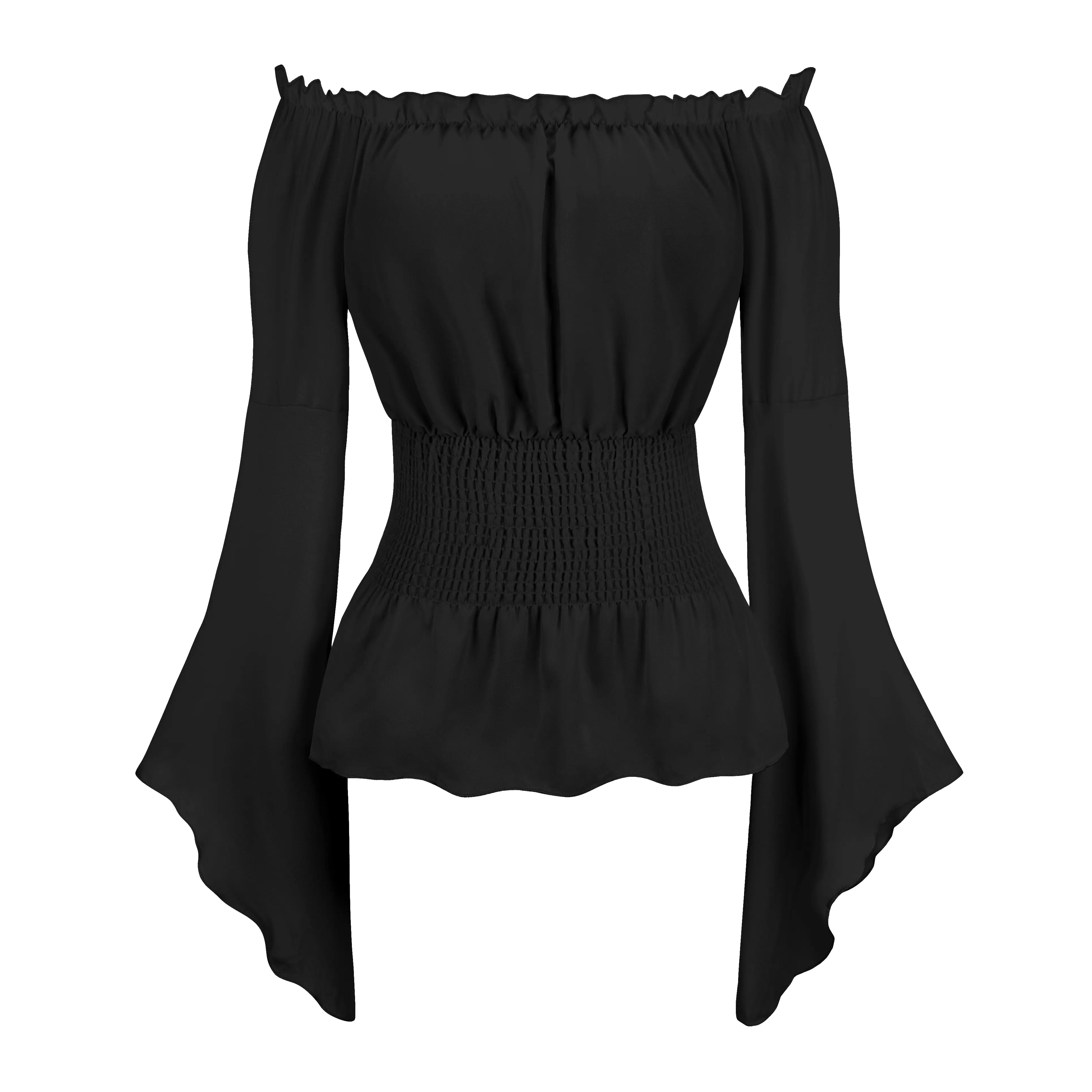 Renaissance Peasant Blouse for Women, Off-Shoulder Victorian Style with Trumpet Long Sleeves for Costumes, Longsleeves, Off Shoulder Tops, Casual Chic, S, Plain, Costume Wear, Halloween, Shirts, Full Length