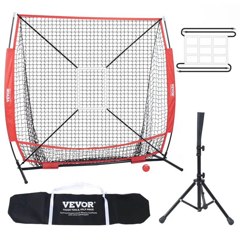 VEVOR 5x5 ft Baseball Softball Practice Net,  Portable Baseball Training Net for Hitting Batting Catching Pitching, Backstop Baseball Equipment with Bow Frame, Carry Bag, Strike Zone, Ball, Batting Tee