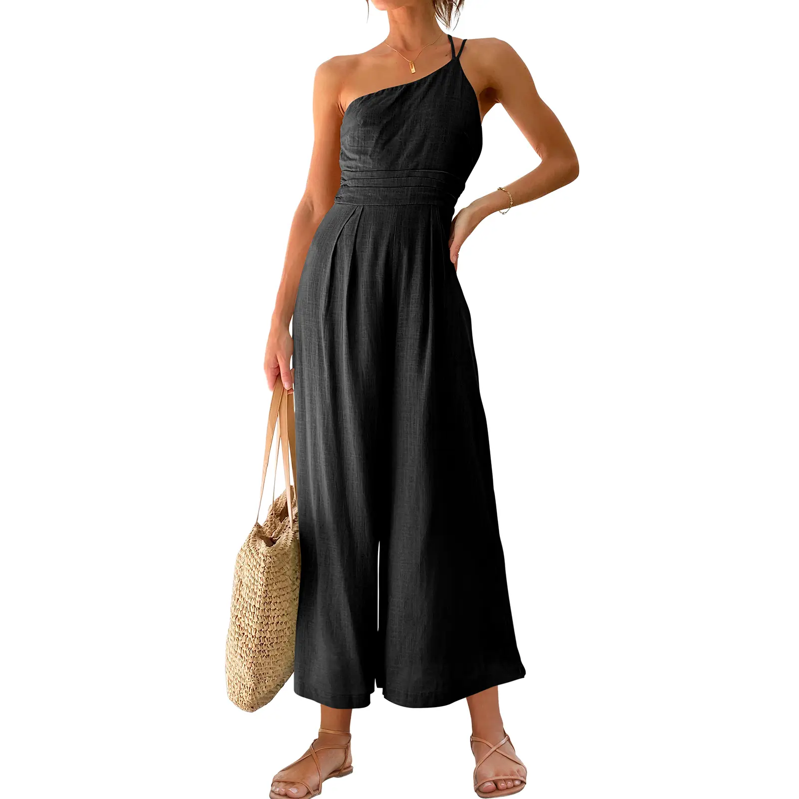 ANRABESS Women's Summer Straps One Shoulder Pleated High Waist Casual Wide Leg Jumpsuit Romper with Pockets Cute Fashion